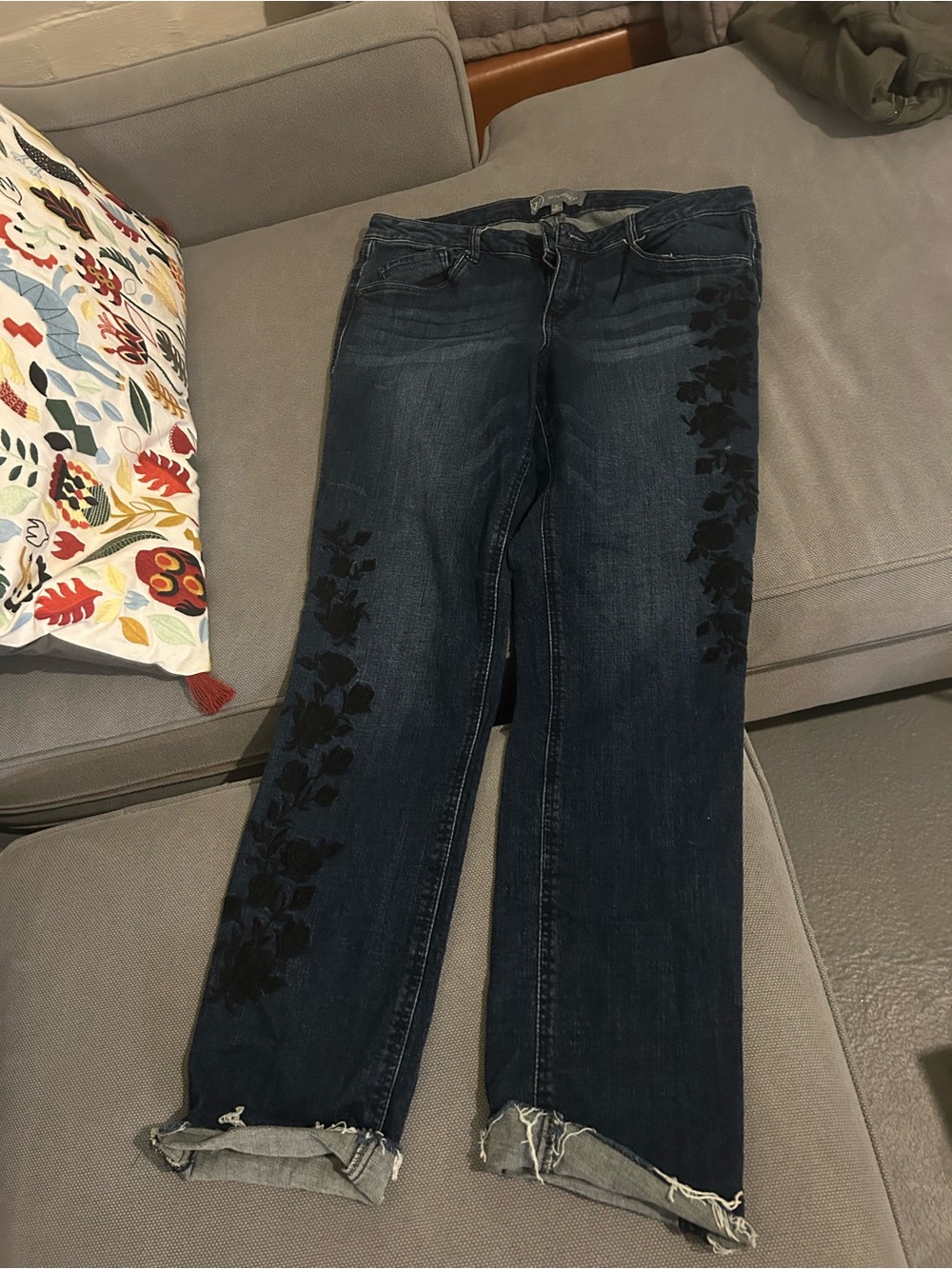 Wit & Wisdom Dark Blue cuffed raw edged Jeans with Black Floral Side Embroidery